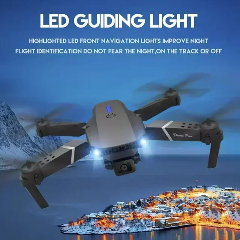 Drone with LED guiding lights flying over a cityscape at night