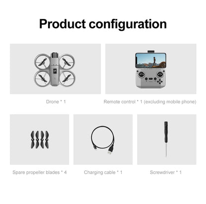 Product configuration list with drone, remote control, spare propeller blades, charging cable, and screwdriver on a white background.