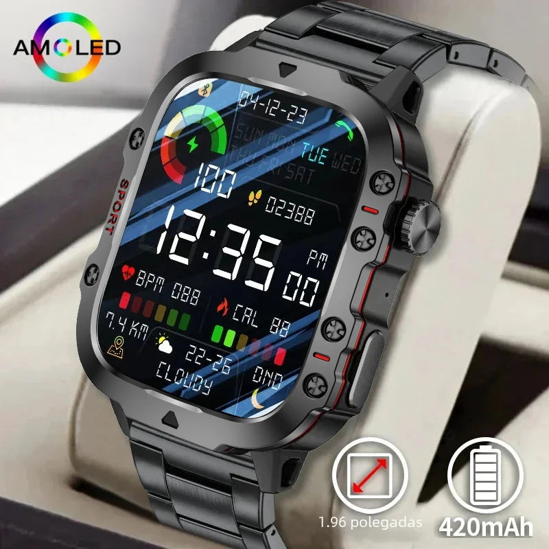 Smartwatch with AMOLED display and metallic band on a light background