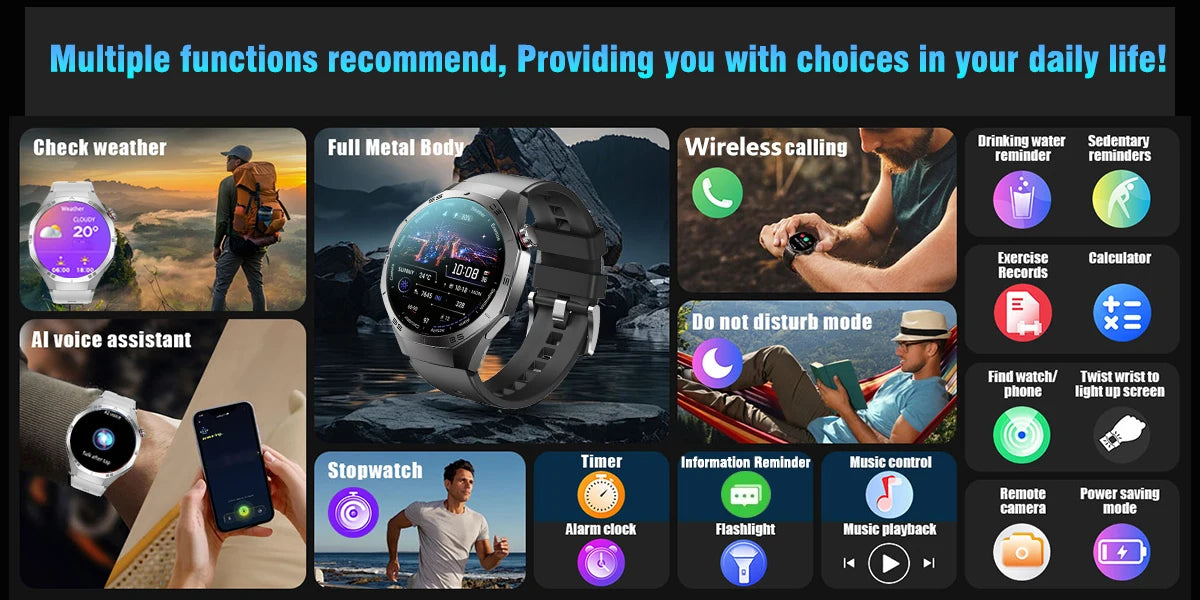Smartwatch with various features and applications displayed on a screen.