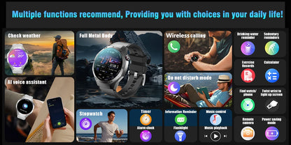 Smartwatch with various features and applications displayed on a screen.