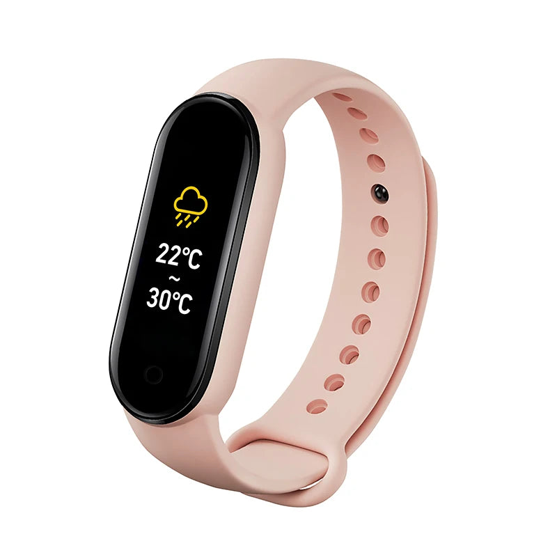 Pink smartwatch with a black screen displaying weather information on a white background
