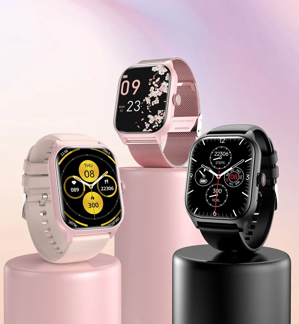 Three smartwatches on stands against a gradient background