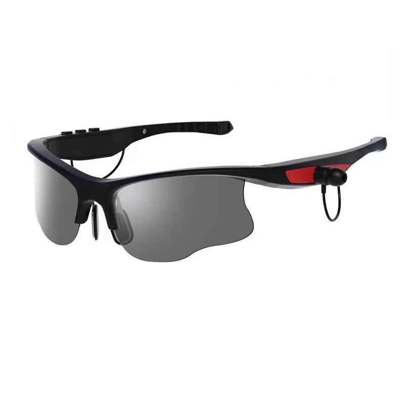 Black sunglasses with a red accent on a white background