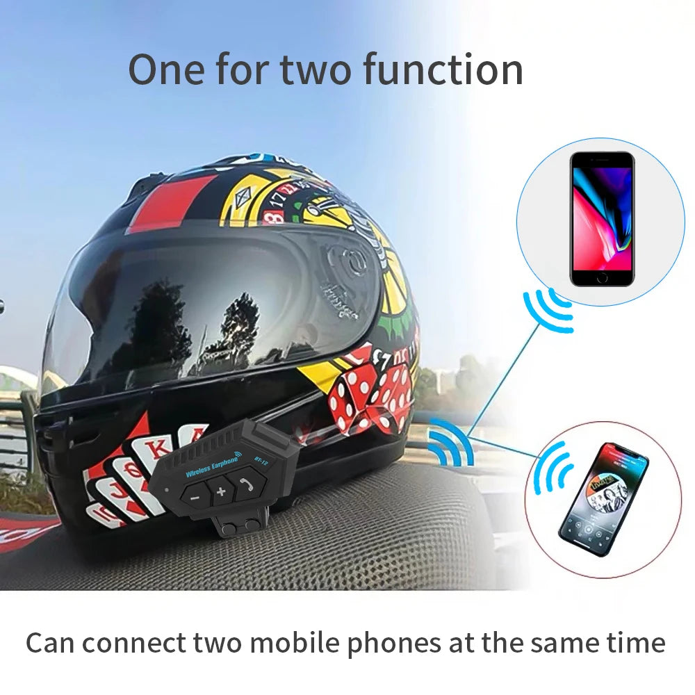 Colorful motorcycle helmet with a built-in Bluetooth device, connected to two smartphones, on a blurred road background.