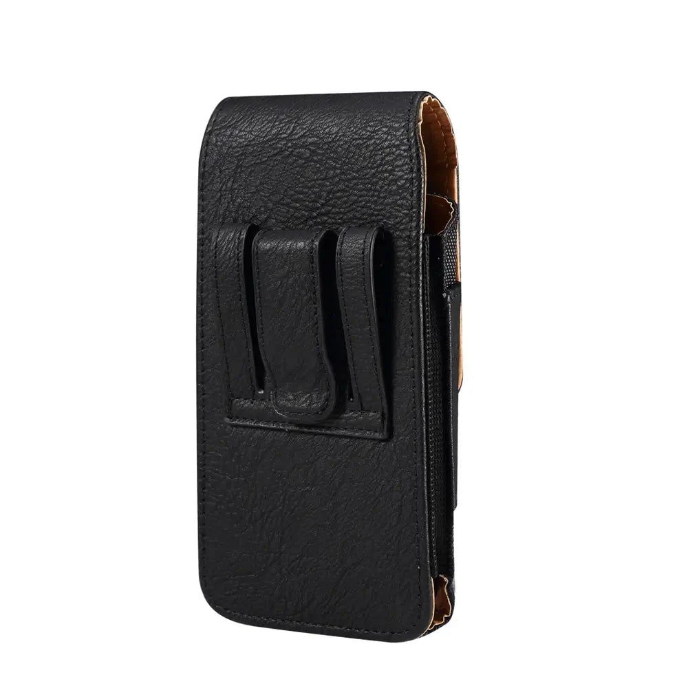 Black leather phone holster on a white background
