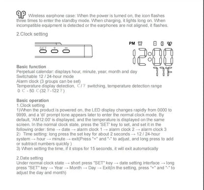Instructions for a wireless earphone case with text and icons on a white background