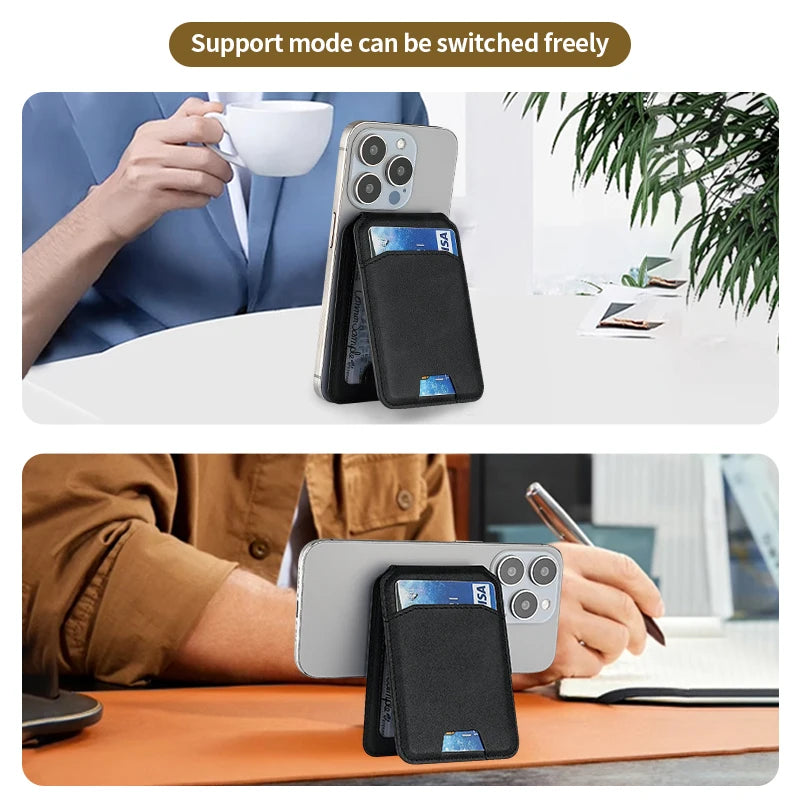 Phone case with stand feature being used by two people in different settings.