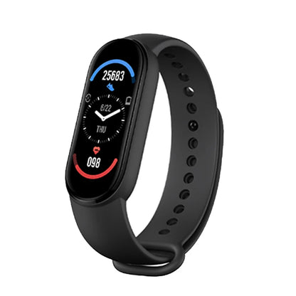 Black smartwatch with a digital display on a white background
