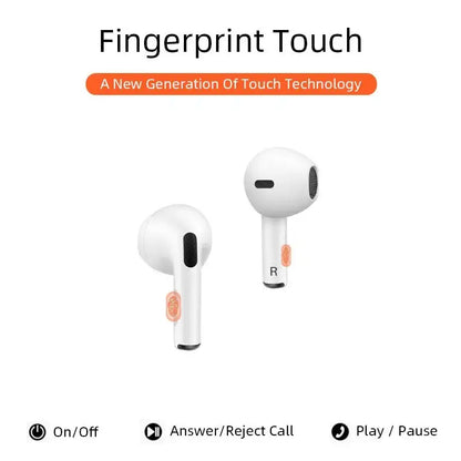 White wireless earbuds with touch controls displayed on white background