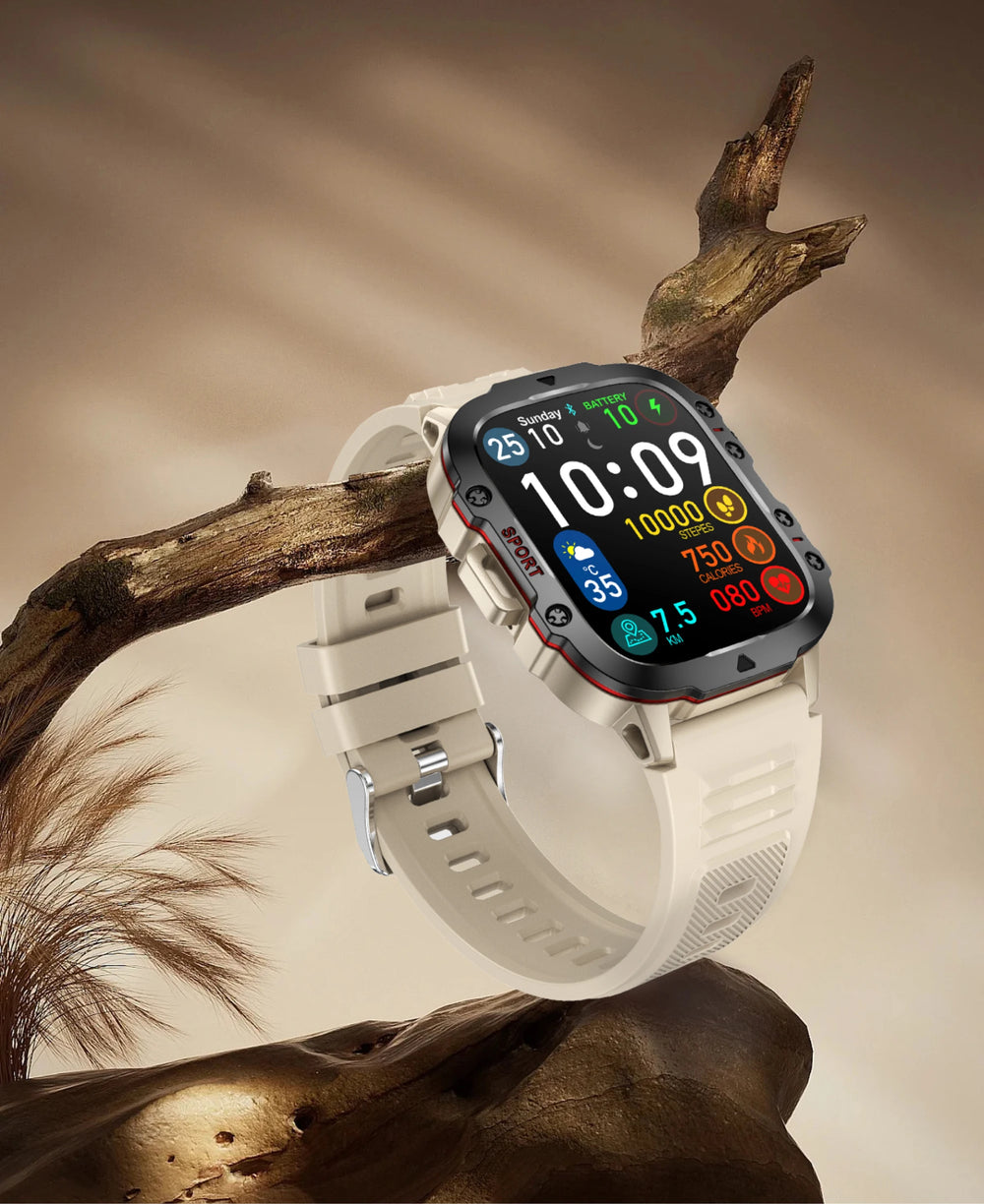 Smartwatch with a white band on a wooden branch against a beige background