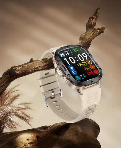 Smartwatch with a white band on a wooden branch against a beige background