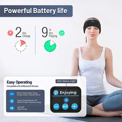 Woman wearing a sleep mask with battery life and control panel details on a white background