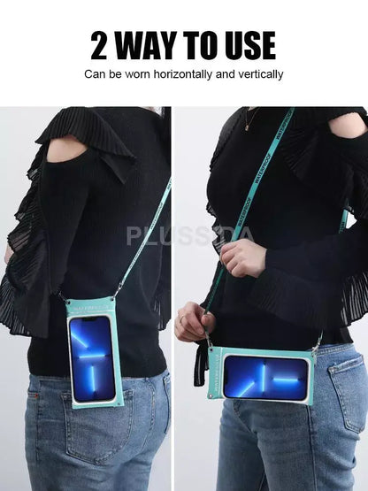 Two ways to use a waterproof phone holder with a person wearing it, shown horizontally and vertically
