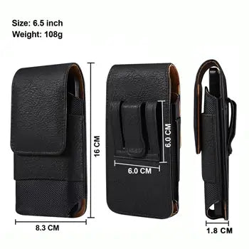 Black phone holster with measurements and weight details on a white background
