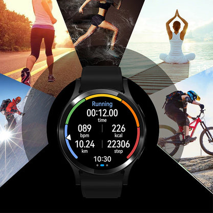 Smartwatch with fitness tracking app on a background of people exercising outdoors
