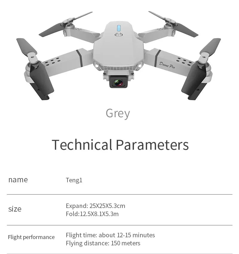 Gray drone with technical parameters displayed on a white background