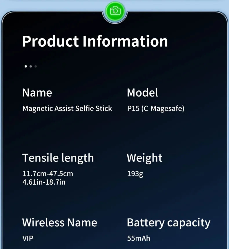 Product information card for a Magnetic Assist Selfie Stick with specifications on a dark background.