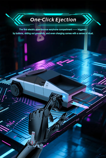 Futuristic electronic device with one-click ejection feature on a dark background