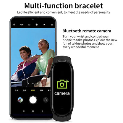 Black multi-function bracelet with smartphone app interface, showing Bluetooth remote camera feature.