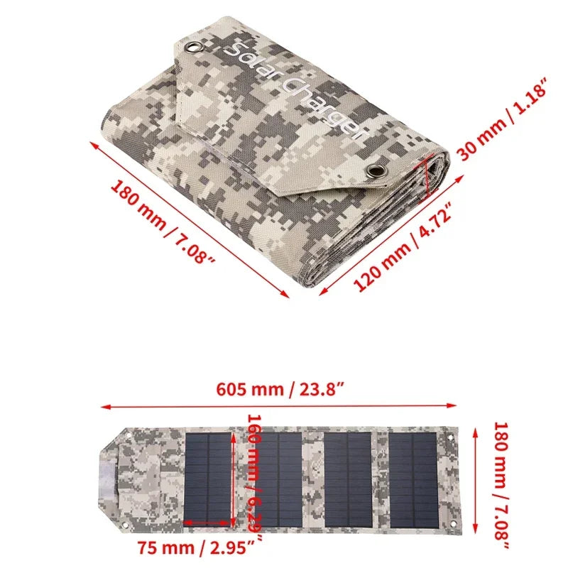 Camouflage solar panel with dimensions labeled on a white background