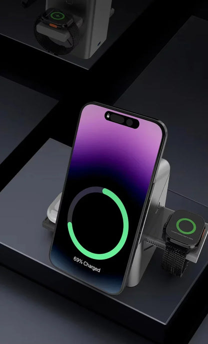 Smartphone and smartwatch on a wireless charging stand with a dark background