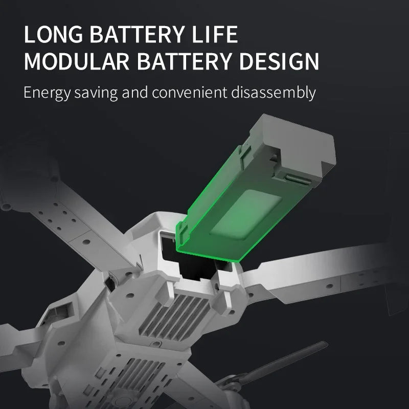 Modular battery design on a drone with text about long battery life and energy saving.