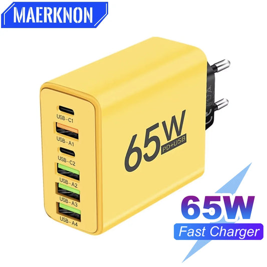 Yellow 65W fast charger with multiple USB ports on a white background, featuring the brand 'MAERKNON'.