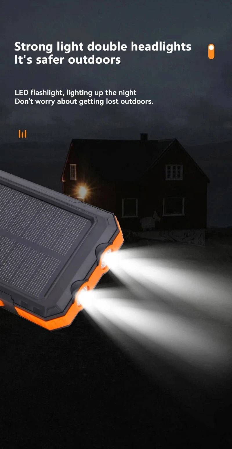Solar-powered flashlight with bright light shining on a house in the dark
