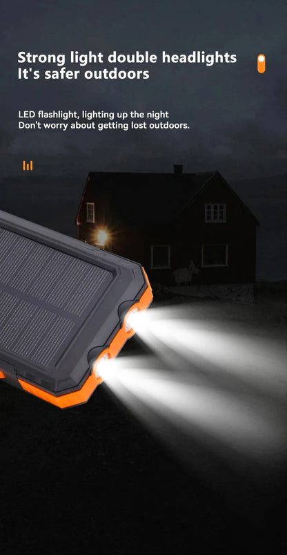 Solar-powered flashlight with bright light shining on a house in the dark