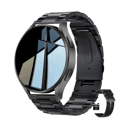 Black smartwatch with metal band on a white background
