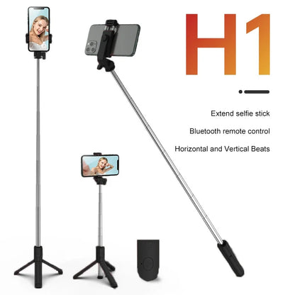 Extendable selfie stick with Bluetooth remote control on a white background