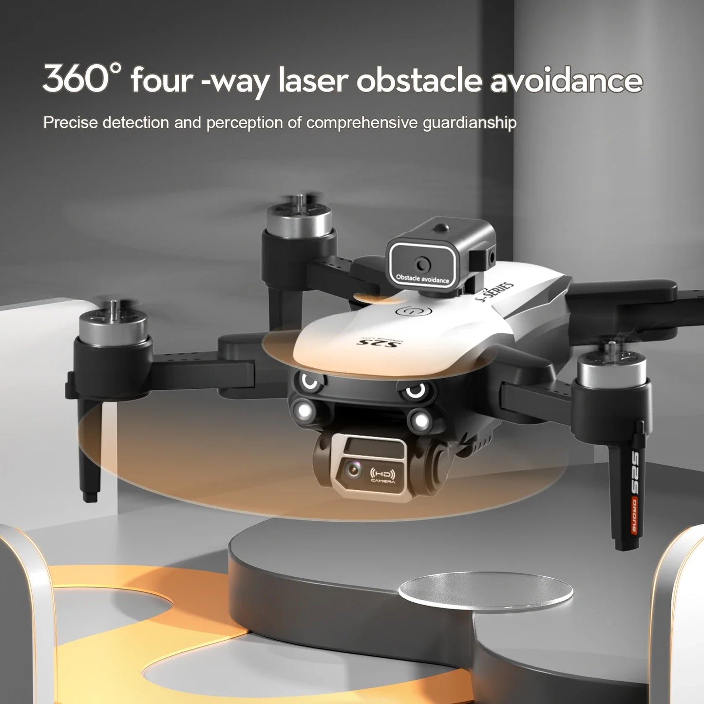 Drone with 360-degree laser obstacle avoidance technology on a modern interior background.