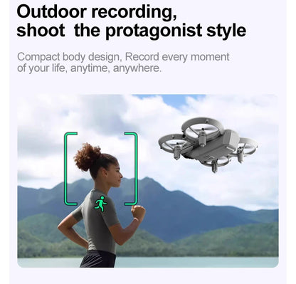 Drone flying over a person with mountains in the background, promotional text about outdoor recording.