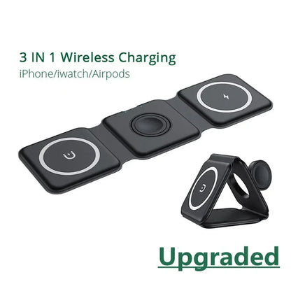 3-in-1 wireless charging device for iPhone, iWatch, and Airpods on a white background.
