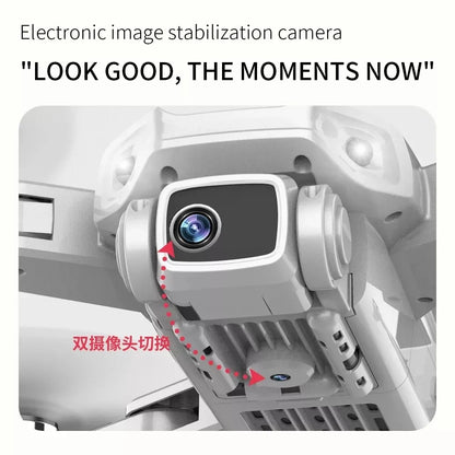Camera with electronic image stabilization feature and text 'Look Good, The Moments Now'.