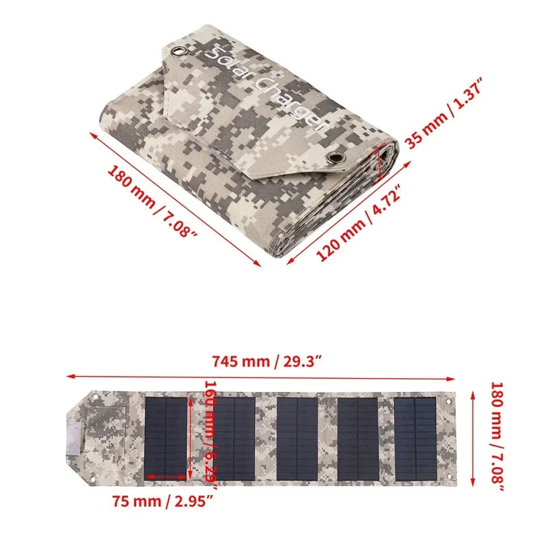 Camouflage solar charger with dimensions labeled on a white background