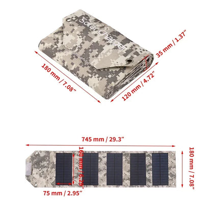 Camouflage solar charger with dimensions labeled on a white background