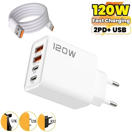 120W fast charging adapter with USB cable on a white background