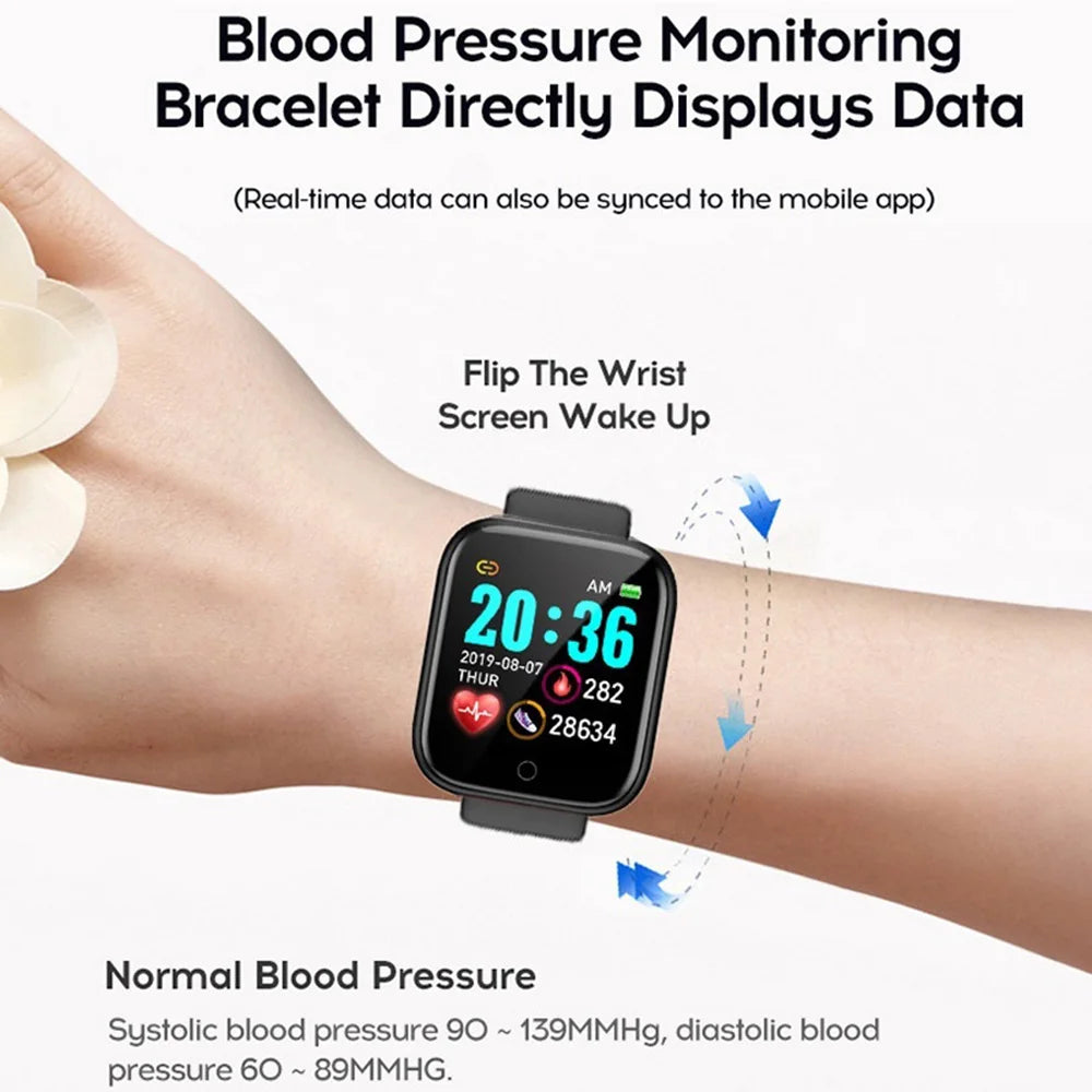 Smartwatch on wrist with blood pressure monitoring feature, displayed on a white background.