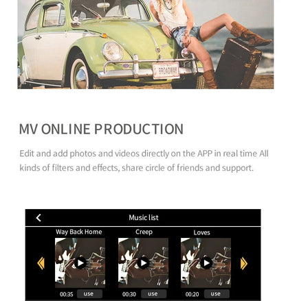 Vintage car with a person sitting on it, featuring MV Online Production app interface.