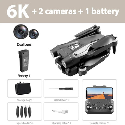 Product display with a drone, dual lens camera, battery, storage bag, screwdriver, spare blades, charging cable, and remote control.