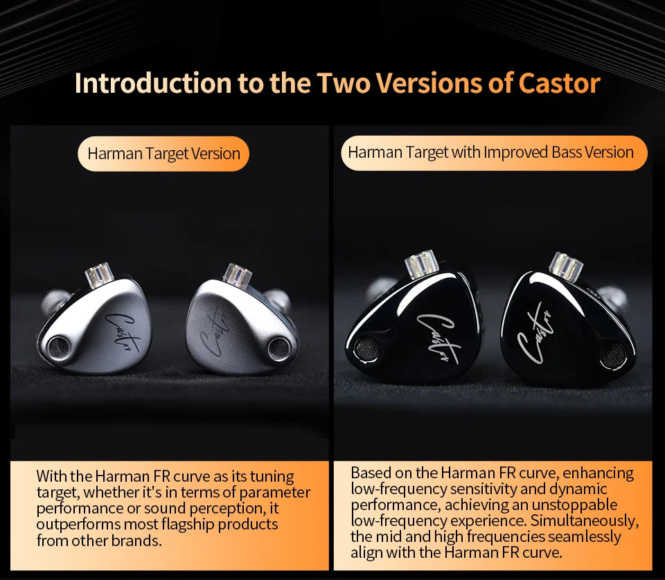 Comparison of Harman Target Version and Harman Target with Improved Bass Version of Castor earbuds on a black background.