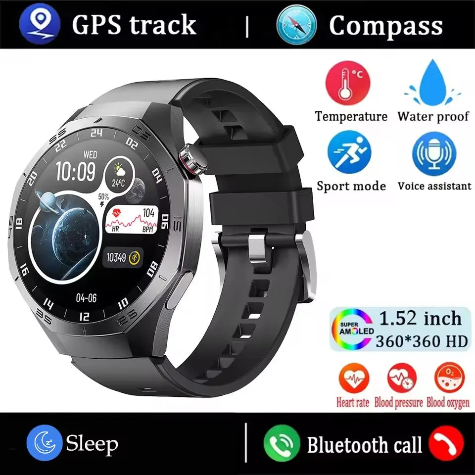 Smartwatch with features like GPS track, compass, temperature, water proof, sport mode, voice assistant, sleep tracking, and Bluetooth call on a white background.