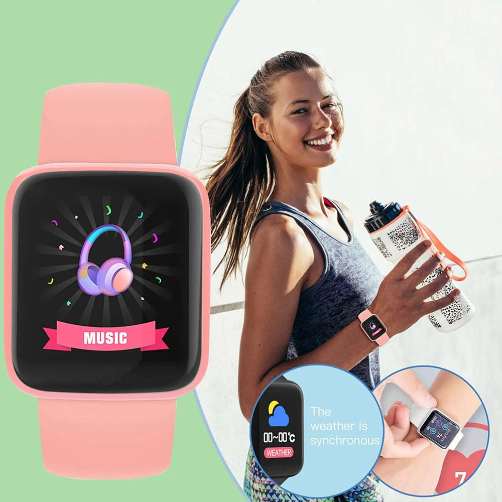 Pink smartwatch with music app display, woman holding a water bottle, and weather app inset.
