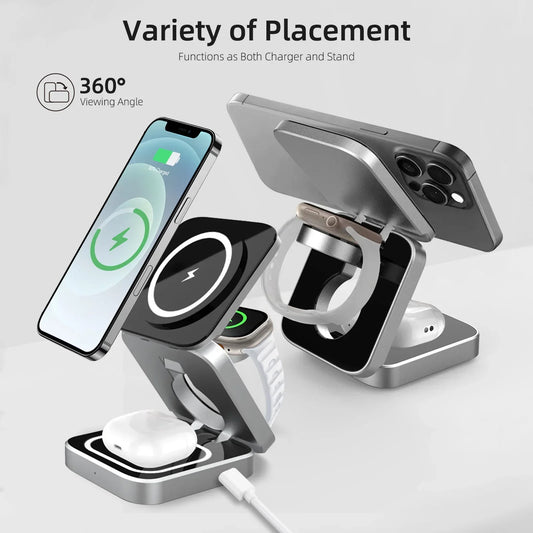 Multi-device charging stand with smartphone, watch, and earbuds on a white background