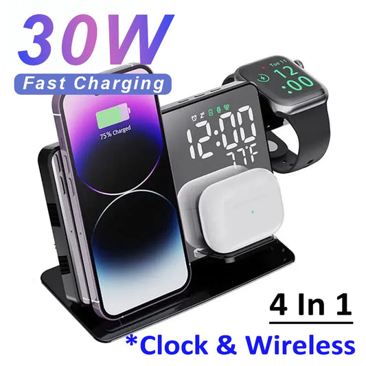 4-in-1 wireless charging station with phone, watch, and other devices on a white background.