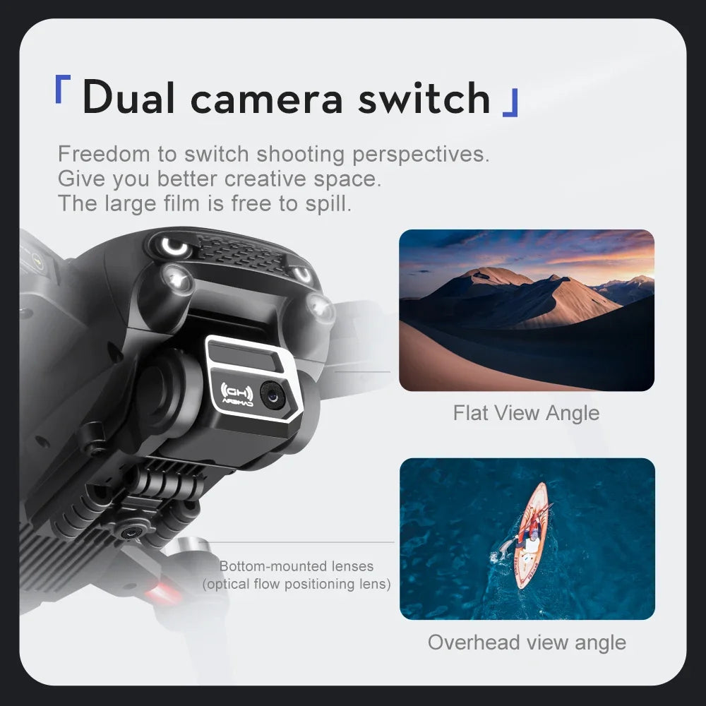 Camera with dual camera switch feature showing mountain and kayak images.