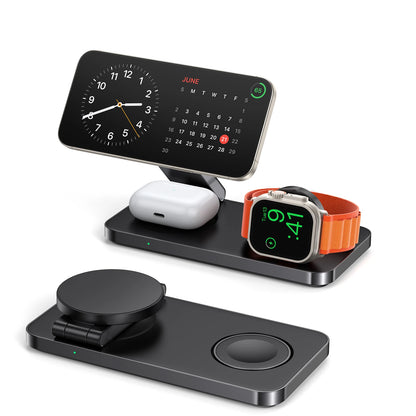 Multi-device charging stand with smartphone, AirPods, and smartwatch on a white background