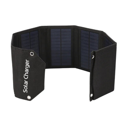 Foldable solar charger with 'Solar Charger' text on a white background